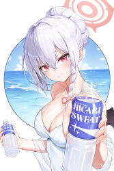 Rule 34 | 1girl, absurdres, blue archive, blush, bottle, bow, braid, breasts, cleavage, closed mouth, collarbone, drink, guegue, hair between eyes, hair bow, halo, haruna (blue archive), haruna (swimsuit) (blue archive), highres, holding, holding bottle, large breasts, looking at viewer, ocean, pink bow, plastic bottle, red eyes, side braid, sidelocks, sky, solo, sweat, upper body, water, white hair