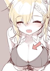 Rule 34 | 1girl, :d, arknights, arrow (symbol), black bra, blonde hair, bra, breasts, cleavage, grey background, highres, hourai kochou, kroos (arknights), large breasts, open clothes, open mouth, open shirt, shirt, simple background, smile, solo, teeth, underwear, upper body, upper teeth only, white shirt