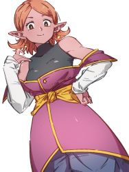 Rule 34 | 1girl, brown eyes, chronoa, closed mouth, colored skin, dragon ball, dragon ball heroes, dragon ball xenoverse, earrings, hand on own hip, jewelry, kemachiku, looking at viewer, orange hair, pointy ears, potara earrings, red skin, short hair, simple background, smile, solo, supreme kai of time, white background