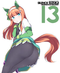 Rule 34 | 1girl, animal ears, aqua eyes, ass, black gloves, black pantyhose, character name, clothing cutout, commentary request, ear covers, from behind, gloves, hairband, hime cut, horse ears, horse girl, horse tail, juliet sleeves, long hair, long sleeves, looking at viewer, looking back, orange hair, pantyhose, parted lips, pleated skirt, puffy sleeves, shigino sohuzi, shirt, silence suzuka (umamusume), simple background, skirt, solo, tail, tail through clothes, umamusume, white background, white hairband, white shirt, white skirt