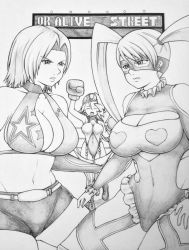 Rule 34 | 3girls, breasts, cleavage, crossover, dead or alive, highres, justice gakuen, large breasts, monochrome, multiple girls, rainbow mika, street fighter, tiffany lords, tina armstrong, wrestling outfit