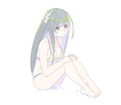 Rule 34 | 1girl, bikini, blush, breasts, cleavage, enkyo yuuichirou, female focus, full body, green hair, hairband, hands on own knees, long hair, looking at viewer, pale color, sitting, smile, solo, swimsuit, touhoku zunko, very long hair, vocaloid, voiceroid, white background, yellow eyes