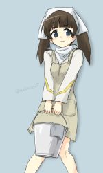 Rule 34 | 10s, 1girl, :d, artist name, blue eyes, blush, brave witches, brown hair, bucket, ascot, georgette lemare, head scarf, holding, long hair, long sleeves, looking at viewer, makaze (t-junction), md5 mismatch, open mouth, resized, short hair, smile, solo, standing, strike witches, twintails, world witches series