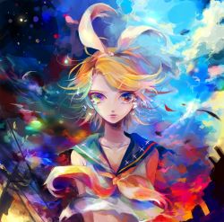 Rule 34 | 1girl, arms behind back, bare arms, blonde hair, blue eyes, blue sky, bow, cityscape, clothes lift, cloud, collarbone, colorful, crop top, crying, crying with eyes open, day and night, floating hair, hair bow, hair ornament, hairband, hairclip, headset, highres, kagamine rin, leaf, looking at viewer, midriff, multicolored background, multicolored eyes, nagame (nagaiame), night, night sky, sad, sailor collar, shirt, shirt lift, short hair, sky, sleeveless, sleeveless shirt, solo, sunrise, sunset, tears, torn clothes, transmission tower, twilight, vocaloid, wind, wind lift