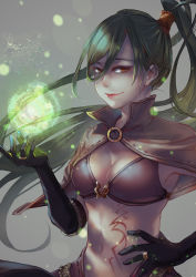 Rule 34 | 1girl, breasts, brown eyes, capelet, cleavage, elbow gloves, gloves, gradient background, green hair, hand on own hip, highres, jewelry, lips, long hair, looking at viewer, mage (ragnarok online), magic, ponytail, ragnarok online, ring, smile, smirk, solo, tattoo, very long hair
