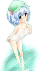 Rule 34 | 1girl, bad id, bad pixiv id, bare shoulders, blue eyes, blue hair, blush, breasts, cleavage, endou iketani, female focus, hair bobbles, hair ornament, hat, highres, kawashiro nitori, matching hair/eyes, medium breasts, one-piece swimsuit, school swimsuit, see-through, solo, swimsuit, touhou, twintails, two side up, water, white school swimsuit, white one-piece swimsuit