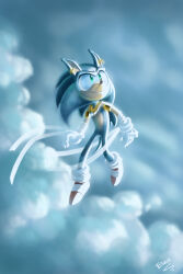 Rule 34 | 1boy, :i, above clouds, absurdres, animal ears, animal nose, armlet, artist name, bandaged arm, bandages, blue fur, blue gemstone, blue hair, blue theme, body fur, closed mouth, cloud, earrings, evan stanley, floating, full body, furry, furry male, gem, gloves, gold, green eyes, happy, highres, jewelry, light, long hair, looking up, male focus, outdoors, red footwear, shoes, signature, smile, socks, solo, sonic (series), sonic the hedgehog, spiked hair, usekh collar, white gloves, white socks