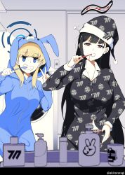 2girls a-kiraa_(whisper) absurdres black_hair blonde_hair blue_archive blue_eyes breasts brushing_teeth clenched_teeth cosplay halo hat highres kigurumi large_breasts long_hair multiple_girls navel pajamas red_eyes rio_(blue_archive) santa_hat teeth toki_(blue_archive) v washing_machine