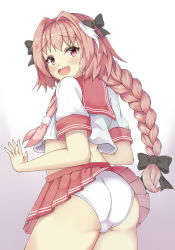 Rule 34 | 1boy, ass, astolfo (fate), blush, bow, braid, bulge, embarrassed, fang, fate/apocrypha, fate/grand order, fate (series), from behind, hair bow, highres, huge ass, long hair, looking at viewer, male focus, multicolored hair, open mouth, panties, pink eyes, pink hair, school uniform, shishi0748, single braid, skirt, smile, solo, trap, two-tone hair, underwear, very long hair, white hair, white panties