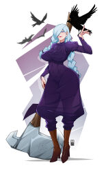 Rule 34 | 1girl, animal, ass, axe, bird, black dress, black feathers, covered erect nipples, crow, dress, feathers, fingernails, grey eyes, grey hair, hair over one eye, half-closed eyes, highres, holding, holding axe, holding weapon, jujutsu kaisen, long hair, mei mei (jujutsu kaisen), nail polish, over shoulder, parted lips, pink nails, puffy sleeves, smile, turtleneck, weapon, weapon over shoulder