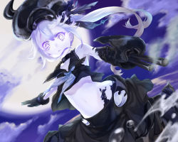 Rule 34 | 10s, 1girl, abyssal ship, amputee, arm cannon, bare shoulders, black skirt, choker, cloud, collarbone, colored skin, crop top, destroyer princess, double amputee, frown, full moon, groin, hat, horns, kantai collection, long hair, looking at viewer, moon, navel, purple eyes, school uniform, serafuku, side ponytail, skirt, sky, sleeveless, solo, tautiki, turret, weapon, white hair, white skin