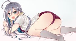 Rule 34 | 10s, 1girl, ahoge, ass, blush, chiune (yachi), grey eyes, grey hair, highres, kantai collection, kiyoshimo (kancolle), long hair, looking at viewer, open mouth, panties, school uniform, smile, solo, twintails, underwear, very long hair