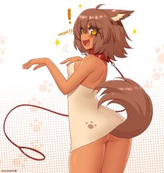 Rule 34 | !, 1girl, :d, animal ears, artist name, ass, bare shoulders, brown hair, butt crack, collar, comic, commentary, dark-skinned female, dark skin, dog ears, dog tail, dress, eyes visible through hair, fang, gluteal fold, hair between eyes, halftone, halftone background, kuroonehalf, leash, open mouth, original, paw print, paw print background, short hair, shoulder blades, simple background, smile, solo, symbol in eye, tail, thighs, white background, woof, yellow eyes