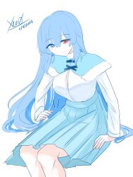Rule 34 | 1girl, absurdres, blue capelet, blue eyes, blue hair, blue skirt, breasts, capelet, commentary, cross-laced clothes, dated, english commentary, fur trim, heterochromia, highres, lap pillow invitation, long hair, long sleeves, red eyes, shirt, signature, simple background, sitting, skirt, solo, tatara kogasa, touhou, very long hair, white background, white shirt, xen0moonz