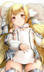 Rule 34 | 1girl, ahoge, azur lane, bad id, bad pixiv id, bed sheet, black panties, blonde hair, blush, breasts, cameltoe, character name, chestnut mouth, commentary request, detached sleeves, dress, eldridge (azur lane), facial mark, fur trim, grey background, hair ornament, hand on own stomach, highres, long hair, long sleeves, looking at viewer, low twintails, panties, parted lips, pillow, ponta (velmar), puffy long sleeves, puffy sleeves, red eyes, signature, sleeveless, sleeveless dress, small breasts, solo, thighhighs, twintails, underwear, very long hair, white dress, white sleeves, white thighhighs