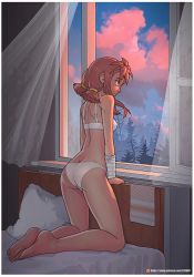 Rule 34 | 1girl, arm support, artist name, ass, bandages, bandaged arm, bandages, bare arms, bare legs, bare shoulders, barefoot, blue eyes, border, bra, breasts, cloud, commentary, curtains, day, everlasting summer, forest, highres, indoors, kneeling, leonzo, low twintails, medium breasts, medium hair, nature, no pants, on bed, open window, panties, patreon username, pillow, red hair, short twintails, sleeveless, solo, tree, twintails, underwear, underwear only, ussr-tan, watermark, web address, white border, white bra, white panties, window