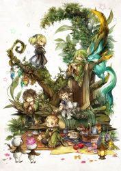 Rule 34 | 00s, 1girl, 4boys, apple, apron, arm support, bag, bandaged arm, bandages, basket, bird, bird on hand, blonde hair, boots, bottle, bread, brown hair, carbuncle (final fantasy), cloak, crossed arms, cup, closed eyes, final fantasy, final fantasy xi, flower, food, fruit, fujiwara akina, glasses, green hair, grin, hair ribbon, highres, holding, holding cup, hood, hood down, hooded cloak, in tree, indian style, lantern, crossed legs, log, long sleeves, looking at another, mandragora (final fantasy), moss, mug, multiple boys, pants, paper bag, petals, picnic, picnic basket, plant, pointy ears, ponytail, purple eyes, ribbon, robe, rug, shantotto, short sleeves, sitting, slippers, smile, standing, star (symbol), tarutaru, teapot, tree, twintails, white background, wide sleeves