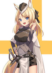 Rule 34 | 1girl, :d, animal ears, arknights, armor, black bow, black hat, black shorts, blonde hair, blue eyes, bow, cape, cowboy shot, fang, grey sleeves, grey sweater, hair bow, hand up, hat, highres, horse ears, horse girl, horse tail, long hair, long sleeves, looking at viewer, open mouth, pelvic curtain, sakutaishi, sheath, sheathed, shorts, simple background, smile, solo, sweater, sword, tail, thick eyebrows, two-tone background, v-shaped eyebrows, weapon, whislash (arknights), white background, white cape, yellow background