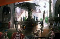 Rule 34 | 3girls, 6+boys, aircraft, airship, architecture, balcony, banner, boat, building, earrings, fantasy, flying, hat, jewelry, multiple boys, multiple girls, necklace, noba, original, railing, scenery, ship, stairs, sunlight, vase, vehicle focus, watercraft