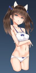 Rule 34 | 1girl, amrita (amber78gou), animal ears, arm behind back, black background, blue eyes, blue ribbon, blunt bangs, bow, bow bra, bow panties, bra, brave witches, brown hair, commentary request, cowboy shot, cropped legs, disdain, frilled bra, frills, frown, georgette lemare, hair ribbon, half-closed eyes, head tilt, long hair, looking at viewer, navel, open mouth, panties, ribbon, shaded face, simple background, solo, standing, strike witches, training bra, twintails, underwear, underwear only, v-shaped eyebrows, white bra, white panties, world witches series