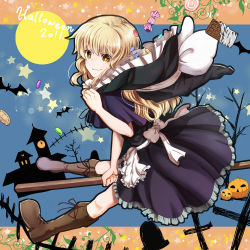 Rule 34 | 10s, 1girl, 2011, bat (animal), blonde hair, boots, broom, candy, chocolate, cross, female focus, food, halloween, hat, holding, holding clothes, holding hat, jack-o&#039;-lantern, kirisame marisa, looking at viewer, meet (105r), moon, outdoors, pumpkin, smile, solo, star (symbol), tombstone, touhou, unworn hat, unworn headwear, witch, witch hat, yellow eyes