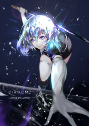Rule 34 | androgynous, arm support, blurry, character name, copyright name, diamond (houseki no kuni), elbow gloves, expressionless, gem uniform (houseki no kuni), gender request, gloves, highres, holding, holding sword, holding weapon, houseki no kuni, katana, lens flare, multicolored hair, perspective, purple eyes, running, serious, short hair, solo, sparkle, sword, thighhighs, vardan (s645062222), weapon, zettai ryouiki