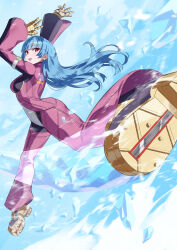 Rule 34 | belt, blue hair, bodysuit, breasts, feet, foot focus, full body, gloves, highres, ice, kula diamond, long hair, looking at viewer, motion blur, small breasts, smile, snk, the king of fighters, yagi2013