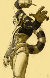 Rule 34 | 1boy, absurdres, brown theme, feet out of frame, highres, hunter x hunter, male focus, meruem, oku (2964 okn), outstretched arm, reaching, reaching towards viewer, reptile boy, serious, shaded face, solo, standing, tail raised, thick tail, toned, toned male, unfinished