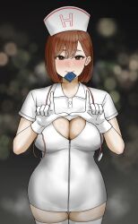 Rule 34 | 1girl, absurdres, black eyes, blush, breasts, brown hair, cleavage, cleavage cutout, clothing cutout, condom, condom in mouth, condom wrapper, gloves, hat, highres, large breasts, looking at viewer, mouth hold, nurse cap, original, short hair, smile, solo, stethoscope, tantanmen72, thighhighs, white gloves, white thighhighs, zettai ryouiki