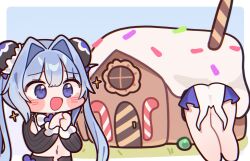 2girls blue_eyes blush buried candy chibi double-parted_bangs food goddess_of_victory:_nikke grass gretel_(nikke) hansel_(nikke) house mming_(mmingis18) multiple_girls navel old_tales_(nikke) open_mouth own_hands_together siblings smile thighs twins twintails