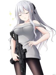 Rule 34 | 1girl, ak-12, ak-12 (girls&#039; frontline), assault rifle, bare shoulders, black bow, blush, bow, braid, breasts, brown pantyhose, closed eyes, commentary, girls&#039; frontline, grey hair, grey shirt, gun, hair bow, hand on own hip, highres, holding, holding gun, holding weapon, kalashnikov rifle, keenh, long hair, medium breasts, name connection, object namesake, off-shoulder shirt, off shoulder, pantyhose, parted lips, rifle, shirt, signature, simple background, smile, solo, sparkle, thighband pantyhose, very long hair, weapon, white background