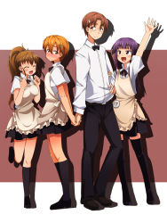 Rule 34 | 1boy, 3girls, holding another&#039;s arm, blush, bon (moegomi), holding hands, hand up, height difference, highres, inami mahiru, legs, multiple girls, outstretched arm, outstretched hand, sweatdrop, takanashi souta, taneshima popura, thighhighs, waitress, working!!, yamada aoi