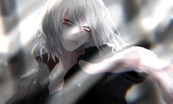 Rule 34 | 1boy, blurry, blurry background, blurry foreground, boku no hero academia, brown eyes, collarbone, commentary request, foreshortening, grey hair, hair between eyes, hand up, highres, male focus, medium hair, scar, shigaraki tomura, solo, sumi (sumi354), twitter username