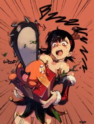 Rule 34 | 1girl, animal costume, antlers, bare shoulders, black hair, breasts, chainsaw, chainsaw man, choker, cleft of venus, detached sleeves, dress, from above, gift, hair ornament, hairclip, higashiyama kobeni, highres, horns, medium breasts, mole, mole under eye, mole under mouth, multiple moles, nervous, nipples, open mouth, optionaltypo, pochita (chainsaw man), pussy, reindeer antlers, reindeer costume, runny nose, short hair, short ponytail, sitting, snot, solo, speed lines, sweat, torn clothes