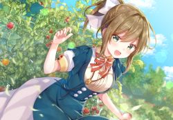 Rule 34 | 1girl, :d, bow, brown hair, cherry tomato, day, dress, gomano rio, green eyes, hair bow, hair intakes, hand up, jewelry, looking at viewer, necklace, open mouth, original, outdoors, pinafore dress, plant, red bow, sleeveless dress, smile, solo, standing, tomato, white bow