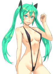 Rule 34 | 1girl, aqua eyes, aqua hair, blush, breasts, covered erect nipples, hatsune miku, long hair, looking at viewer, navel, simple background, slingshot swimsuit, solo, swimsuit, twintails, very long hair, vocaloid, white background, yuuji (and)