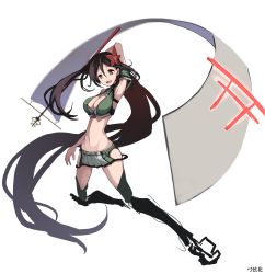 Rule 34 | 10s, 1girl, absurdly long hair, amagi (kancolle), arm up, armpits, bad id, bad twitter id, banner, bare shoulders, breasts, brown eyes, brown hair, cleavage cutout, clothing cutout, cobhc667, crop top, full body, hair between eyes, highres, kantai collection, large breasts, long hair, looking at viewer, midriff, mole, mole under eye, open mouth, ponytail, solo, thighhighs, unfinished, very long hair, yuzuruka (bougainvillea), zettai ryouiki