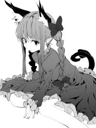 Rule 34 | 1girl, animal ear fluff, animal ears, bare legs, blunt bangs, bow, braid, cat ears, cat tail, extra ears, eyelashes, foot out of frame, frills, greyscale, hair between eyes, hair bow, kaenbyou rin, long hair, long sleeves, looking at viewer, monochrome, multiple tails, nekomata, parted lips, petticoat, pointy ears, polpol, simple background, sitting, solo, tail, touhou, twin braids, two tails, upturned eyes, very long hair, white background, yokozuwari