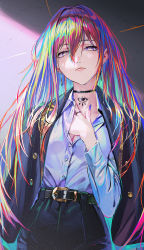 Rule 34 | 1girl, absurdres, belt, black pants, blue nails, breasts, choker, closed mouth, earrings, female focus, gradient hair, highres, jacket, jacket on shoulders, jewelry, lips, long hair, looking at viewer, multicolored hair, nababa, nail polish, open clothes, open jacket, original, pants, single earring, solo, tattoo, upper body