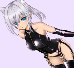 Rule 34 | 1girl, animal ears, blue archive, blue eyes, bondage outfit, choker, garter straps, gin (shioyude), gloves, grey hair, highres, shiroko (blue archive), solo