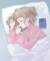 Rule 34 | 1girl, blanket, book, commentary request, closed eyes, highres, kaede (shijie heping), light brown hair, lying, on side, original, pajamas, parted lips, pillow, pink shirt, profile, shirt, short eyebrows, short hair, simple background, sleeping, solo, upper body