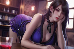 Rule 34 | 1girl, ass, bar (place), bent over, black hair, blurry, blurry background, breasts, brown eyes, cleavage, crescent, crescent earrings, cup, dress, drinking glass, earrings, final fantasy, final fantasy vii, final fantasy vii remake, hand on own face, jewelry, lamp, large breasts, long hair, official alternate costume, paid reward available, purple dress, sleeveless, sleeveless dress, solo, tifa lockhart, tifa lockhart (refined dress), wickellia, window