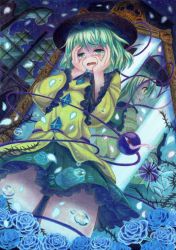 Rule 34 | 1girl, blue flower, blue rose, calligraphy brush (medium), crying, crying with eyes open, different reflection, flower, green eyes, green hair, hands on own cheeks, hands on own face, hat, highres, kittona, komeiji koishi, long sleeves, millipen (medium), mirror, open mouth, petals, reflection, rose, shirt, skirt, solo, tears, thighs, third eye, touhou, traditional media, watercolor pencil (medium), wide sleeves