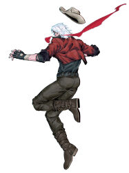 Rule 34 | 1boy, boots, coat, cowboy hat, dante (devil may cry), devil may cry (series), devil may cry 5, fingerless gloves, gloves, hat, highres, holding, male focus, red coat, simple background, solo, upper body, white hair