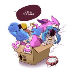 Rule 34 | 1girl, 2boys, anal, animal hood, artist name, blue hair, bodysuit, box, cats vs dogs kindred, character name, cosplay, cum, cum in container, disembodied hand, disembodied penis, double penetration, from behind, full body, grabbing another&#039;s ass, group sex, hetero, highres, hood, hood up, hooded bodysuit, in box, in container, kigurumi, kindred (league of legends), kronos soul, lamb (league of legends), league of legends, long hair, mmf threesome, multiple boys, official alternate costume, penis, pink eyes, pussy, pussy juice, simple background, solo focus, threesome, uncensored, vaginal, white background