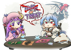 Rule 34 | 3girls, bat wings, black dress, blue hair, blunt bangs, blush, book, boots, bow, candy, capelet, carrying, chair, chamaji, colored sclera, cookie, crescent, crescent hair ornament, crossed out, cup, dango, dress, eating, english text, flying sweatdrops, food, hair between eyes, hair bow, hair ornament, hair ribbon, hat, unworn hat, unworn headwear, highres, holding, holding book, koakuma, layered clothes, lollipop, long hair, long sleeves, mitarashi dango, mob cap, multiple girls, multiple hair bows, neck ribbon, patchouli knowledge, pointy ears, purple eyes, purple hair, red eyes, red hair, red sclera, remilia scarlet, ribbon, saucer, senbei, short hair, simple background, sitting, slit pupils, speech bubble, swirl, swirl lollipop, symbol-shaped pupils, table, tea, teacup, touhou, tress ribbon, wagashi, wings, wrapped candy, wrapper