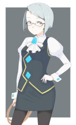 Rule 34 | 1girl, ace attorney, bespectacled, capcom, earrings, formal, franziska von karma, glasses, grey eyes, jewelry, mole, mole under eye, oza watto, pantyhose, pencil skirt, short hair, silver hair, simple background, skirt, smile, solo, suit, whip