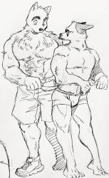Rule 34 | 2boys, animal ears, bara, billy russell (dickfish), briefs, clothes pull, couple, dickfish (fishismdick), dog boy, dog ears, facial hair, frown, furrification, furry, furry male, furry with furry, glasses, highres, john rottweil (dickfish), large pectorals, male focus, male underwear, male underwear peek, mature male, multiple boys, muscular, muscular male, mustache, nipples, original, pectorals, pulling own clothes, raised eyebrows, scan, shoes, short hair, shorts, shorts pull, sideburns, sketch, sneakers, standing, stomach, thick eyebrows, topless male, traditional media, underwear, underwear only, undressing, yaoi