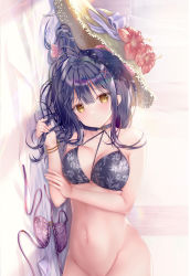 Rule 34 | 1girl, bare arms, bare shoulders, bikini, bikini top only, blue hair, blush, bracelet, breasts, cleavage, closed mouth, collarbone, flower, hair ornament, hairclip, hat, hat flower, hat ornament, heart o-ring, heart ring top, highres, jewelry, large breasts, long hair, lying, navel, on side, original, solo, sousouman, straw hat, swimsuit, yellow eyes