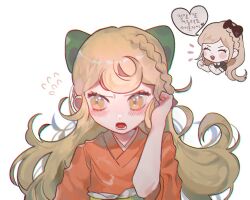 2girls adjusting_hair alternate_hairstyle blonde_hair blush bow braid chibi closed_eyes danganronpa_(series) danganronpa_2:_goodbye_despair embarrassed flying_sweatdrops g0m_0 hair_bow hair_down hand_up japanese_clothes kimono korean_text long_hair long_sleeves multiple_girls non-web_source open_mouth orange_kimono saionji_hiyoko simple_background smile solo_focus sonia_nevermind speech_bubble translation_request upper_body white_background yellow_eyes